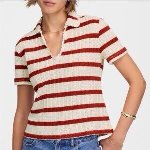 Madewell Size M Crochet-Knit V-Neck Sweater Tee In A Red Ochre And Cream Striped